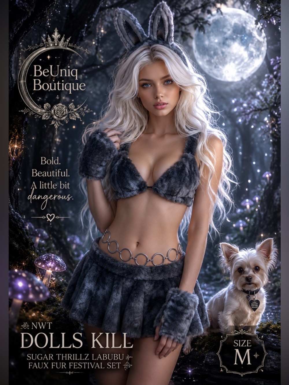 Dolls Kill Sugar Thrillz Labubu Grey Faux Fur Set Medium